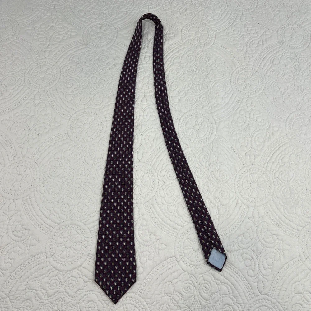 Gucci Mens Silk Necktie Burgundy Navy Gold Geometric Square GG Logo Italy Made